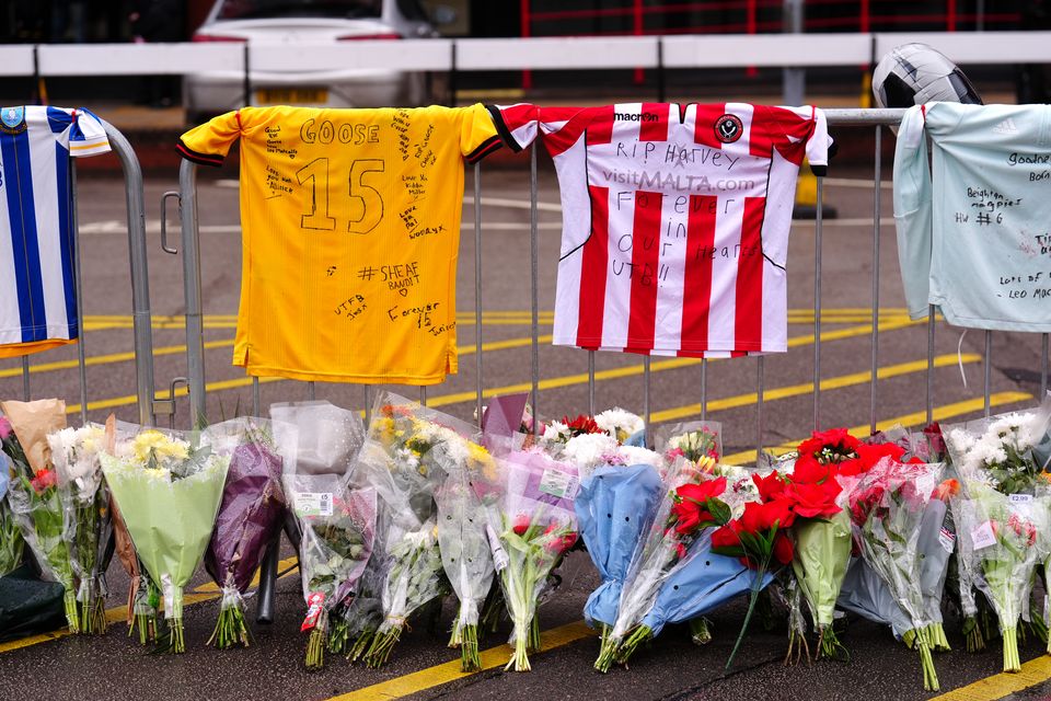 Tributes to Harvey Willgoose have been left outside Sheffield United’s stadium, where people will march to commemorate him on Saturday afternoon (Mike Egerton/PA)