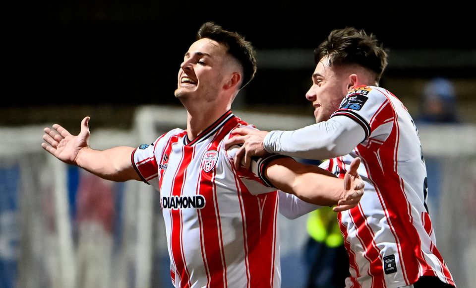 Danny Mullen celebrates hitting the target during Derry City's victory over St Patrick's Athletic