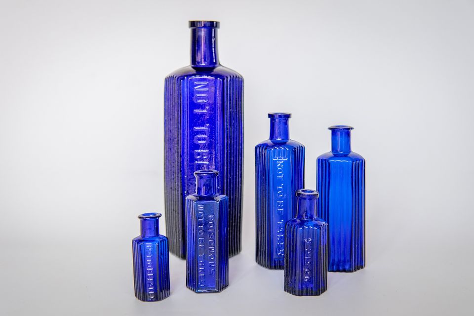 Antique glass cobalt blue collection of octagonal poison bottles, Natalia Willmott, £85
