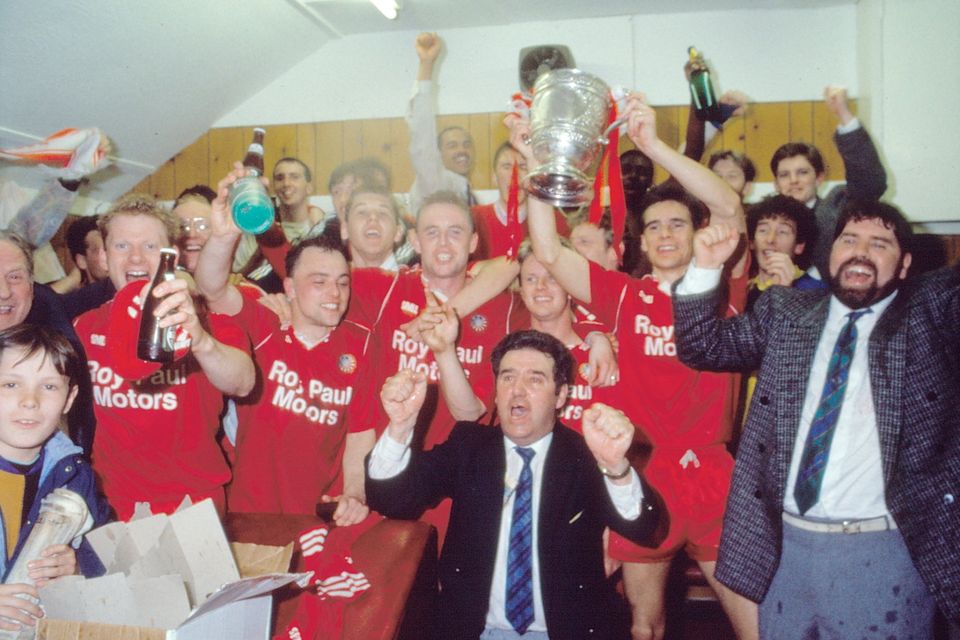 Portadown players celebrate the club’s 1990 title success