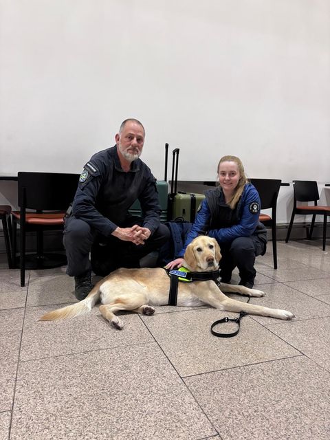 Gary Pullen and Alicia Huntley with victim recovery specialist Rocko (Cate McCurry/PA)