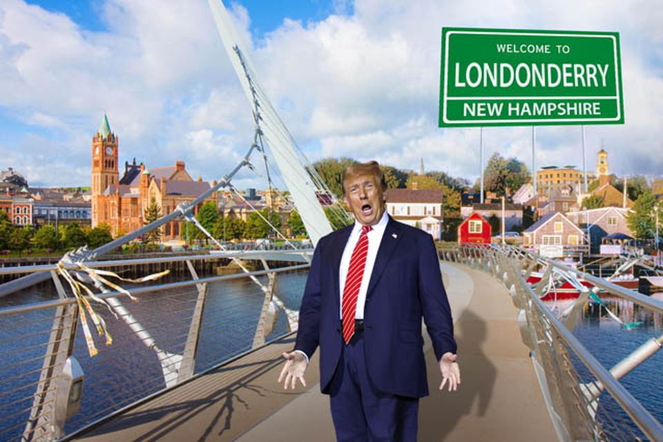 A graphic representation of Derry, Northern Ireland and Londonderry, New Hampshire, USA featuring Donald Trump