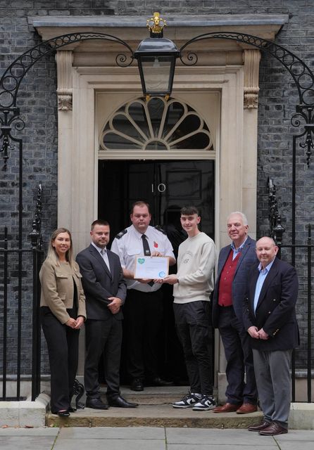 Jack Hurley, his father Colin Hurley, and campaigners handed their petition to No 10 on Wednesday (Jonathan Brady/PA)