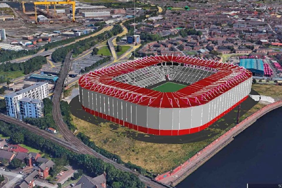 A computer-generated image (CGI) of how a modular stadium may look at the Sirocco site in Belfast. Pic: Z Property