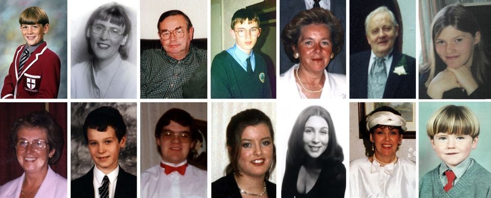 Victims of the Omagh bombing. They are (top row, from the left) James Barker, Esther Gibson, Sean McGrath, Gareth Conway, Elizabeth Rush, Fred White, Lorraine Wilson and (bottom row, from the left) Veda Short, Alan Radford, Bryan White, Brenda Logue, Deborah Cartwright, Geraldine Breslin, and Oran Doherty (PA)