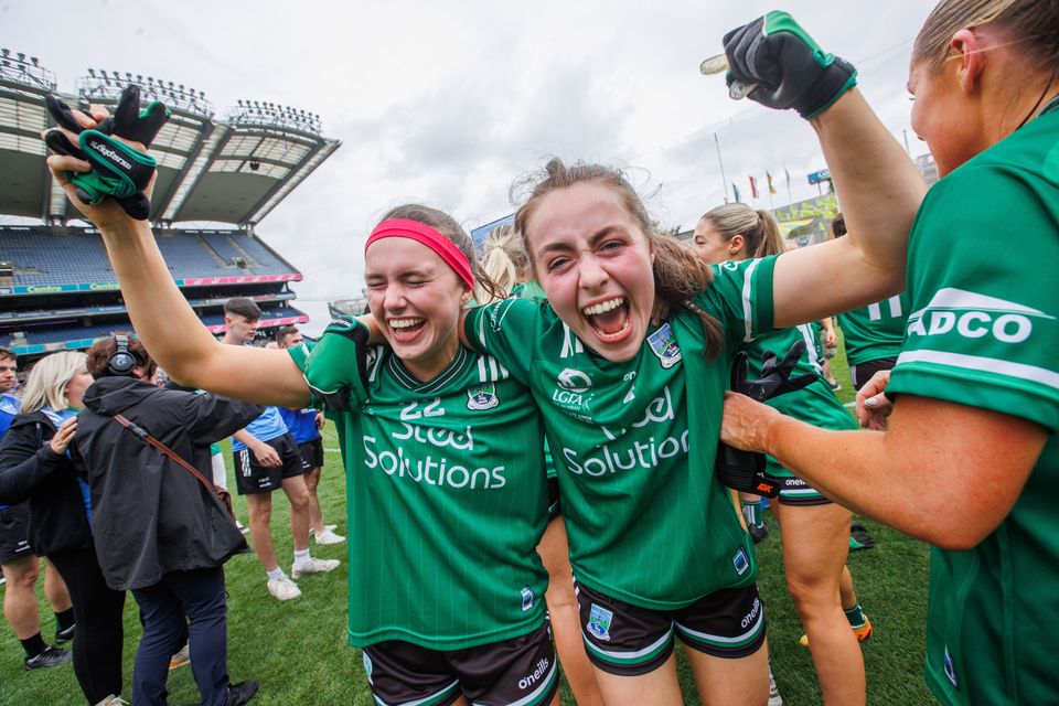 Fermanagh's Fionnuala Maguire and Eimear Keenan celebrate their side's All-Ireland Junior victory over Louth