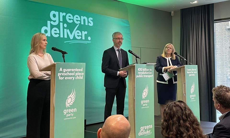 Senator Pauline O’Reilly, Roderic O’Gorman and Senator Roisin Garvey speak launch the Green Party’s election manifesto in Dublin (Grainne Ni Aodha/PA)