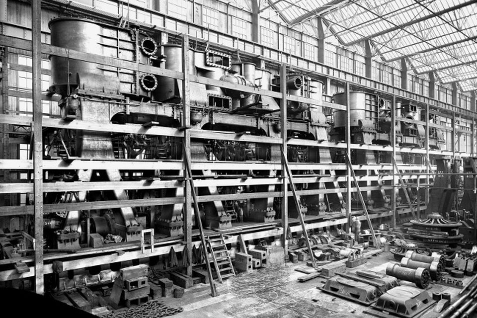 The Titanic's two main engines near completion in engine works erecting shop. Photograph © National Museums Northern Ireland. Collection Harland & Wolff, Ulster Folk & Transport Museum