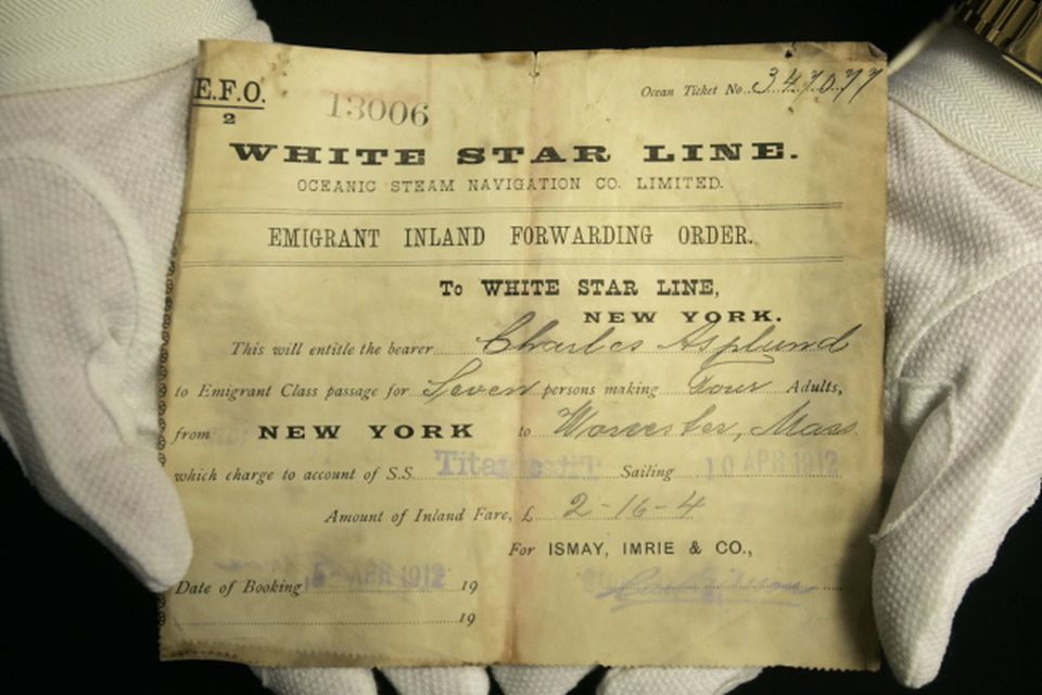 A unique emigrant inland forwarding order to the White Star office in New York, is seen at Henry Aldridge and Son auctioneers in Devizes, Wiltshire, England Thursday, April 3, 2008. The locket and one of the rings were recovered from the body of Carl Asplund who drowned on the Titanic, they are all part of the Lillian Asplund collection of Titanic related items.