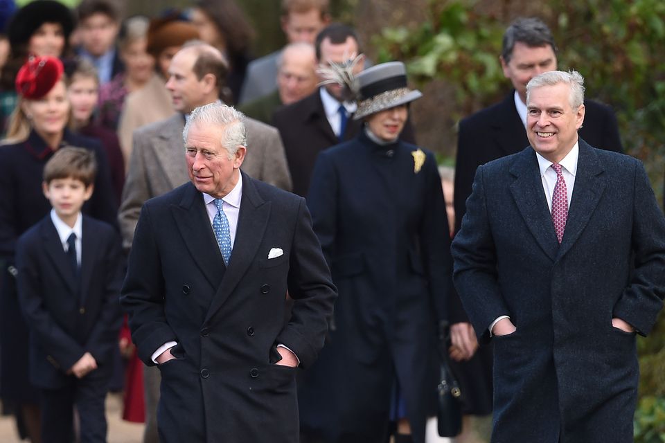 Andrew walks with his brother Charles at the head of the royal family on the way to Church on Christmas Day 2017 (Joe Giddens/PA)