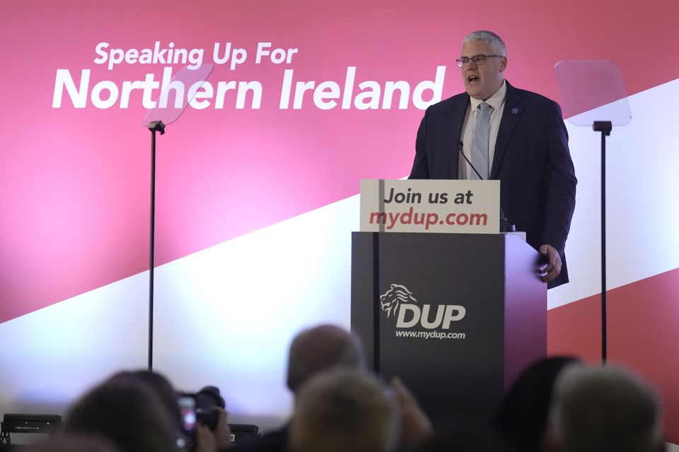 DUP leader Gavin Robinson speaking during the party’s annual conference at Crowne Plaza Hotel in Belfast (Brian Lawless/PA)