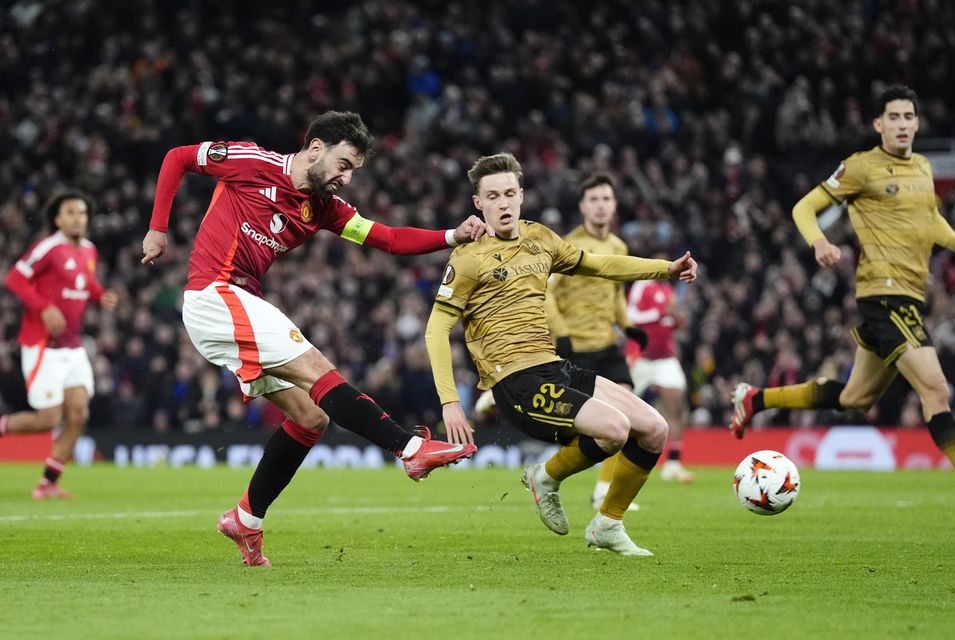 Bruno Fernandes completes his hat-trick at Old Trafford (Nick Potts/PA)