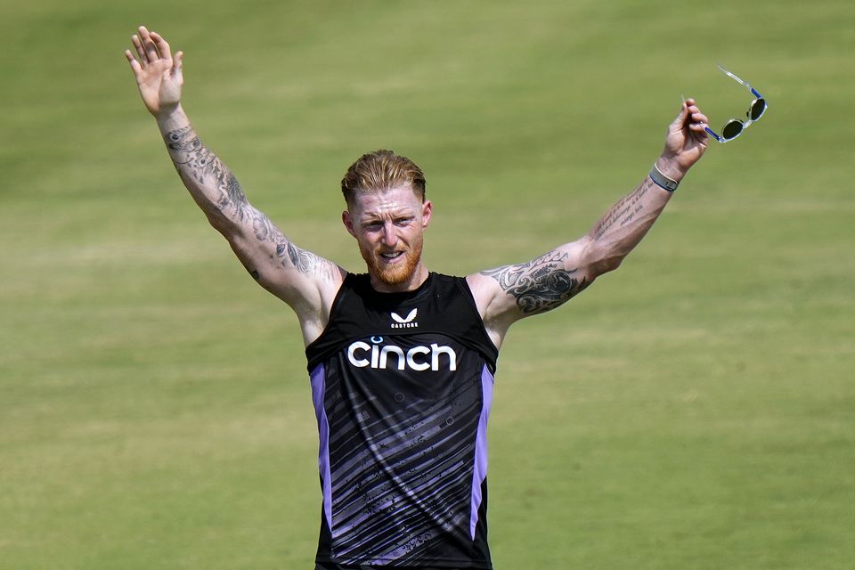 Ben Stokes gestures toward teammate during a practice session, in Multan (Anjum Naveed/AP)