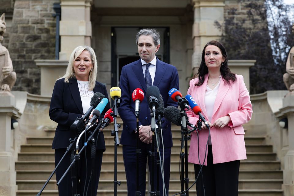 Taoiseach Simon Harris pictured with First Minister Michelle O’Neill and deputy First Minister Emma Little-Pengelly at Stormont Castle (Credit: Kelvin Boyes/Press Eye)
