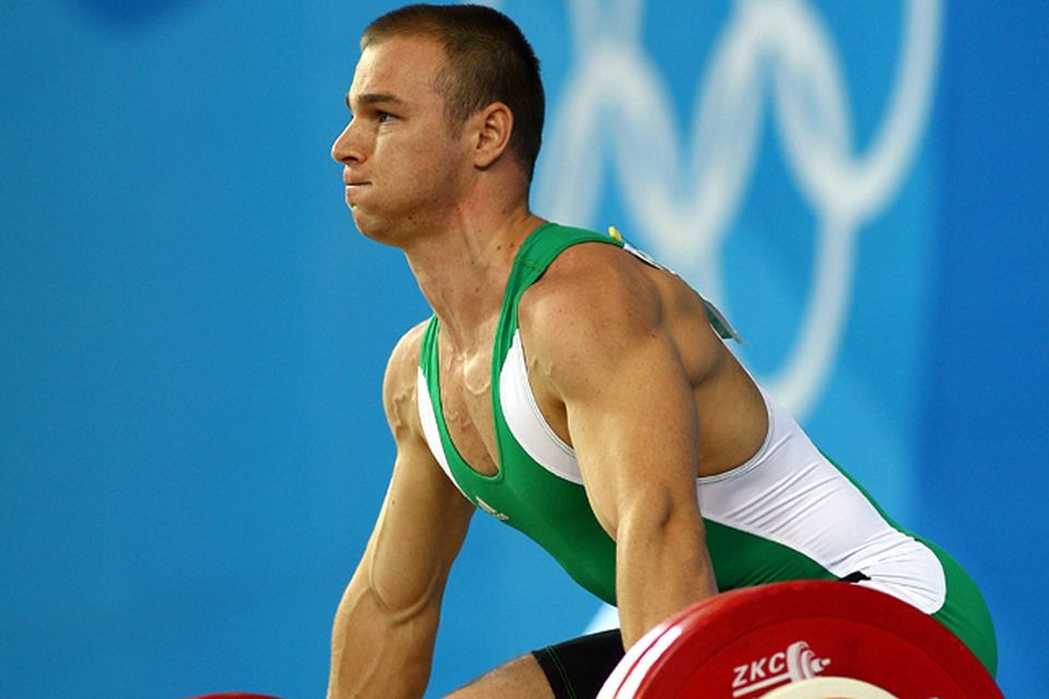 Janos Baranyai of Hungary competes in the weightlifting event at the University of Aeronautics and Astronautics Gymnasium during the Beijing 2008 Olympic Games in Beijing, China.