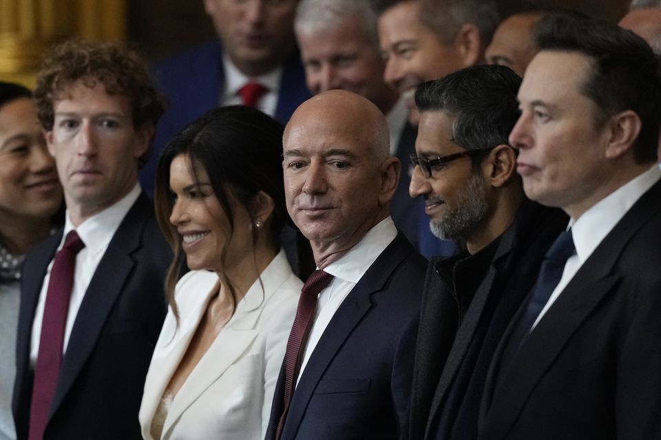 Guests including Mark Zuckerberg, Jeff Bezos, Sundar Pichai and Elon Musk arrive before the 60th Presidential Inauguration in the Rotunda of the US Capitol in Washington (Julia Demaree Nikhinson, Pool/AP)