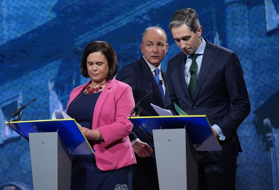 Sinn Fein leader Mary Lou McDonald, Tanaiste and Fianna Fail leader Micheal Martin and Taoiseach and Fine Gael leader Simon Harris at the final TV leaders’ debate (Niall Carson/PA)