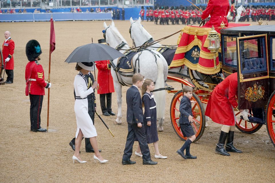 The Princess of Wales, Prince George, Princess Charlotte, and Prince Louis leave Horse Guards Parade after the Trooping the Colour ceremony (Yui Mok/PA)