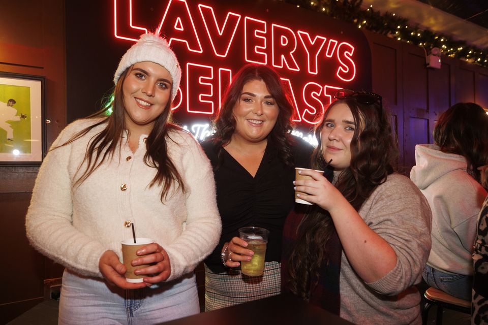 From left; Donna Farrelly, Amy O’Reilly, and Leah Murphy from Louth at Lavery’s Beer Tent at Belfast Christmas Market. Pic by Liam McBurney/RAZORPIX