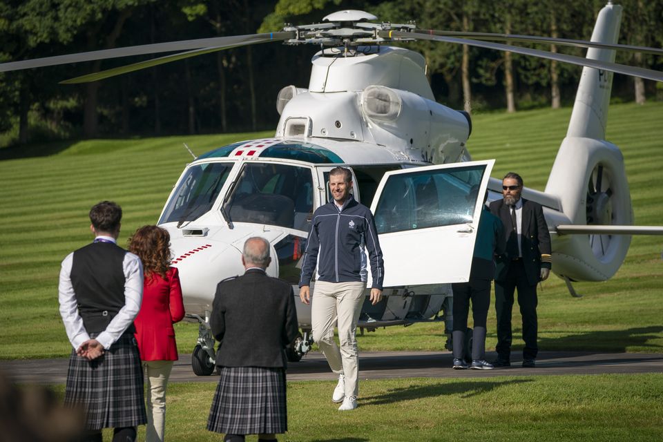 Eric Trump arrives by helicopter at Trump International in Aberdeenshire (Jane Barlow/PA)