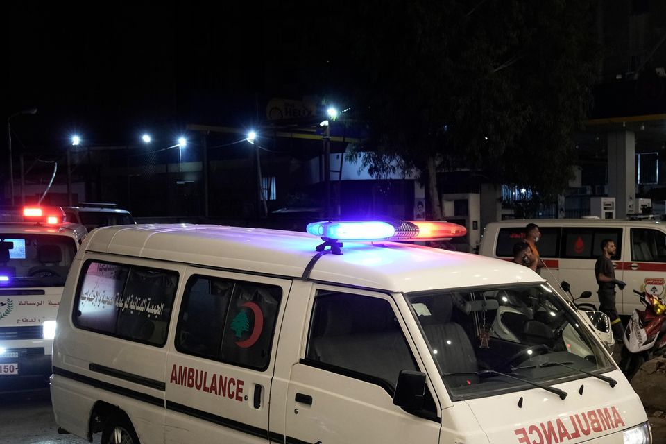 Ambulances arrive to evacuate the wounded near the site of an Israeli airstrike in Beirut’s southern suburb (Bilal Hussein/AP)