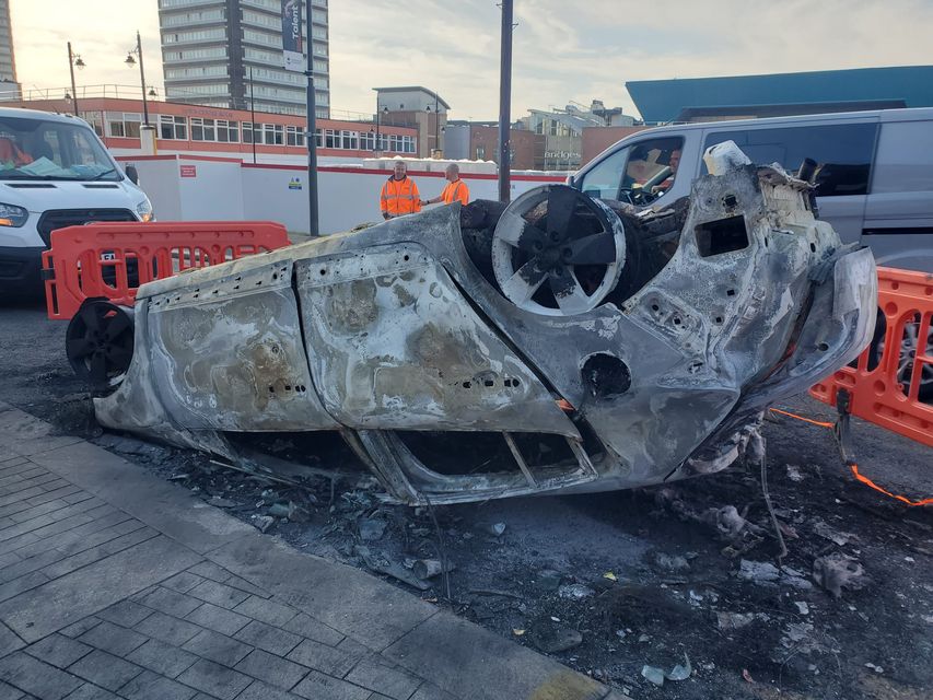 A burnt-out car in Sunderland (Louise Brown/PA)