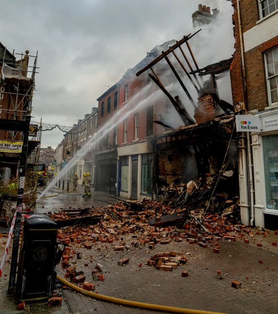 Firefighters tackling a fire in Dorchester at the site of the historic building where the Victorian novelist and poet Thomas Hardy worked (Dorset and Wiltshire Fire Service/PA)