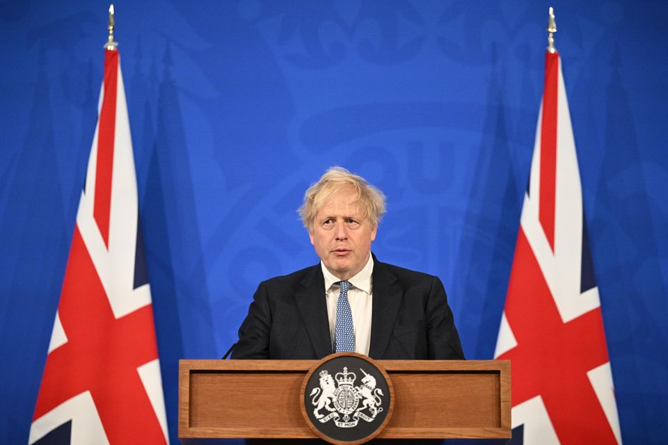 Then prime minister Boris Johnson speaks during a press conference in Downing Street, London, following the publication of Sue Gray’s report into Downing Street parties in Whitehall during the coronavirus lockdown (Leon Neal/PA)