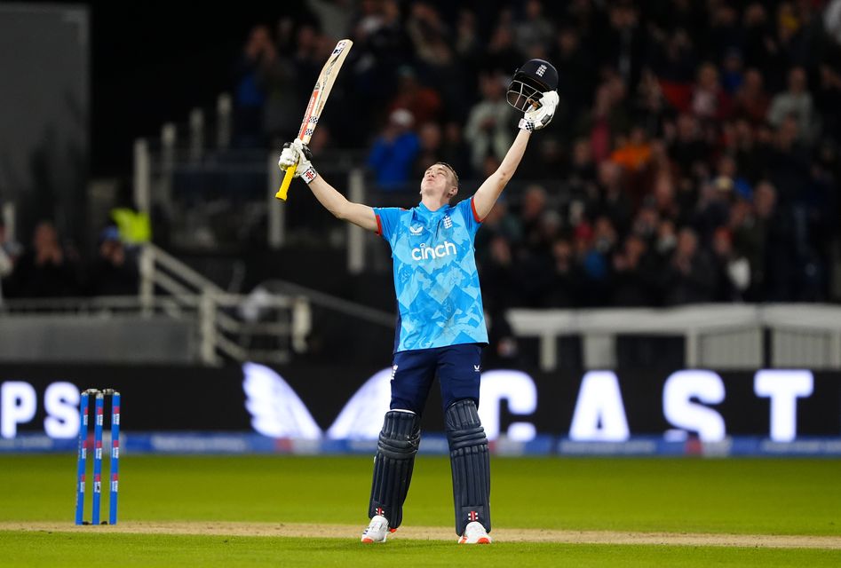 England’s Harry Brook celebrates 100 runs during the third one-day international match at the Seat Unique Riverside. (PA)