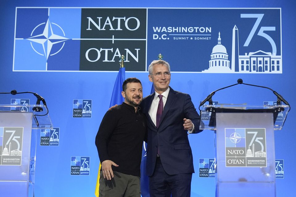 President Zelensky and Nato secretary-general Jens Stoltenberg in July (Mark Schiefelbein/AP)