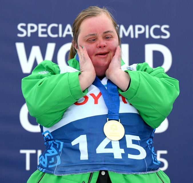 Lucy Best of Team Ireland with her gold medal at the 2025 Special Olympics World Winter Games in Turin, Italy (Photo by Ray McManus/Sportsfile)