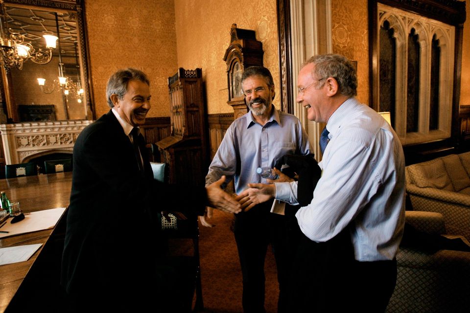 Prime Minister Tony Blair with Gerry Adams and Martin McGuinness in his office at the House of Commons