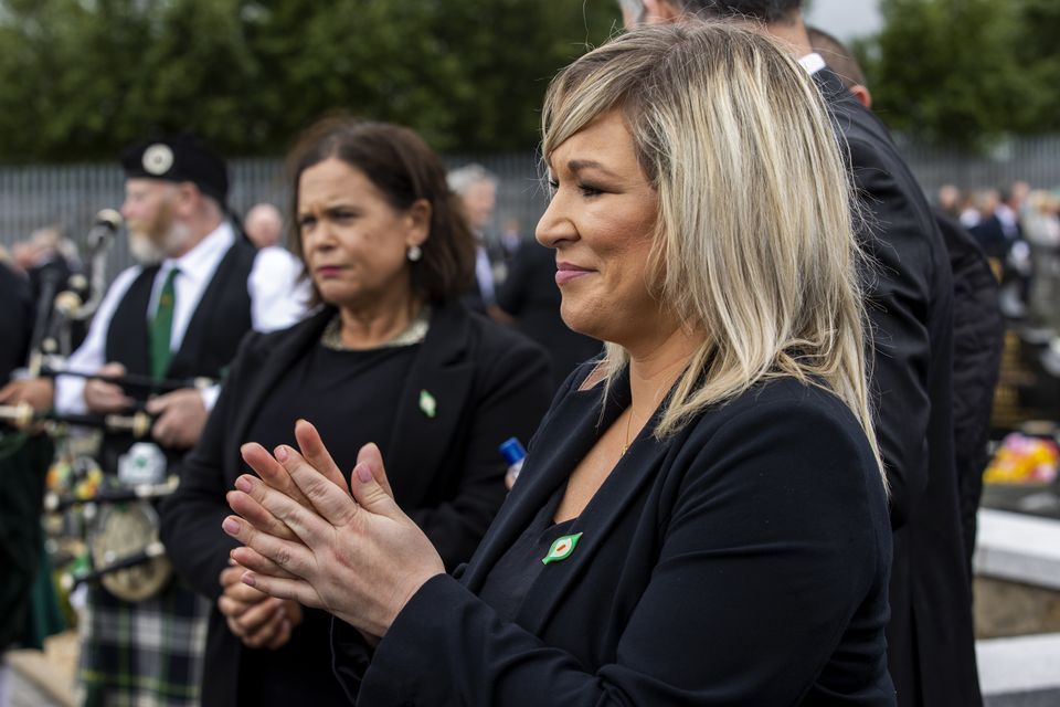 Sinn Fein leader Mary Lou McDonald (left) and Deputy First Minister Michelle O’Neill during the funeral of senior Irish Republican and former leading IRA figure Bobby Storey (Liam McBurney/PA)