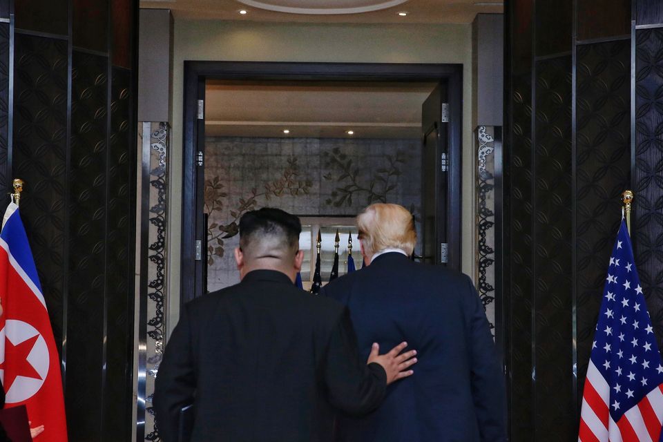 President Donald Trump and leader of North Korea, Kim Jong-un, at Capella, Singapore (Kevin Lim/The Straits Times/PA)