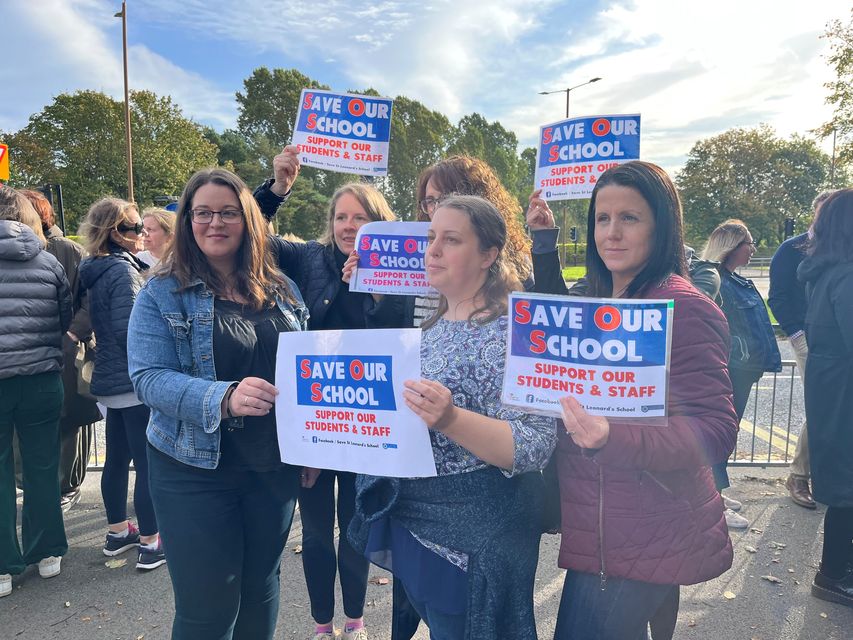 Parents demonstrate in support of St Leonard’s Catholic School, Durham, which has been disrupted by substandard reinforced autoclaved aerated concrete (Raac) (Tom Wilkinson/PA)