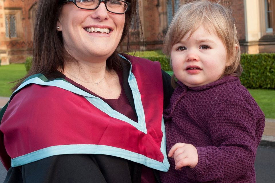 Deborah Doherty graduated from Queens University with MSc in Educational Multimedia, pictured with her 15month old daughter Isla and husband Simon who is an honorary lecture at Queens School of Biological Sciences.