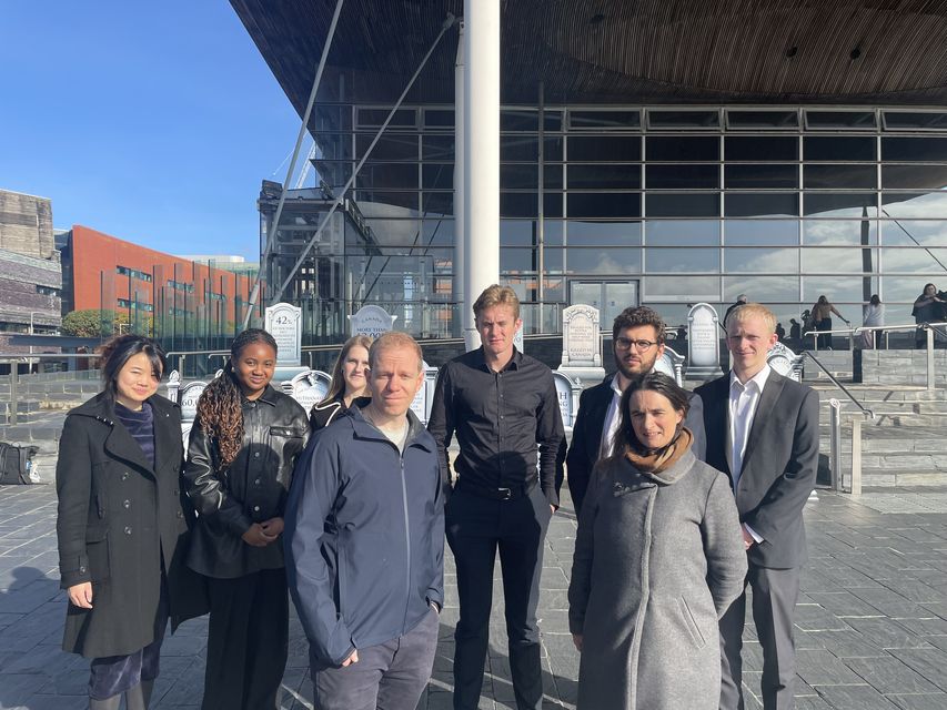 Members of Christian Concern outside the Senedd with organisers Paul Huxley and Carys Moseley in front (George Thompson/PA)