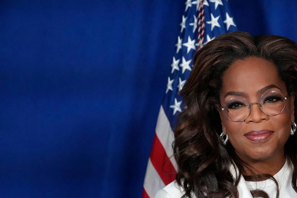 Democratic presidential nominee Vice President Kamala Harris, right, poses with Oprah Winfrey at a campaign rally outside the Philadelphia Museum of Art in Philadelphia. (Jacquelyn Martin/AP)