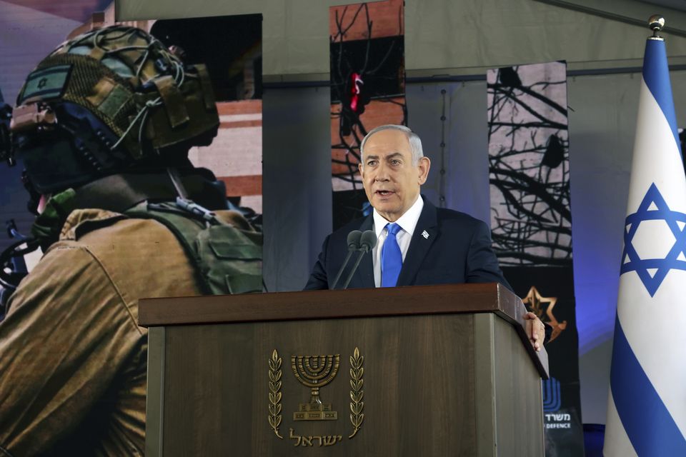 Israel’s Prime Minister Benjamin Netanyahu attended a ceremony marking the Hebrew calendar anniversary of the Hamas attack on October 7 last year (Gil Cohen-Magen/pool/AP)