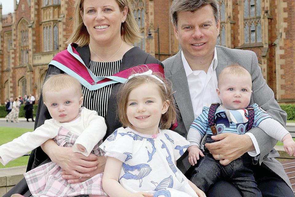 Anne Orr with husband Steve, twins Chloe and Adam, and Megan (3). Anne graduted with a Masters in Social Science, Organisation and Management and says she can't speak highly enough of the support she received from Queen's