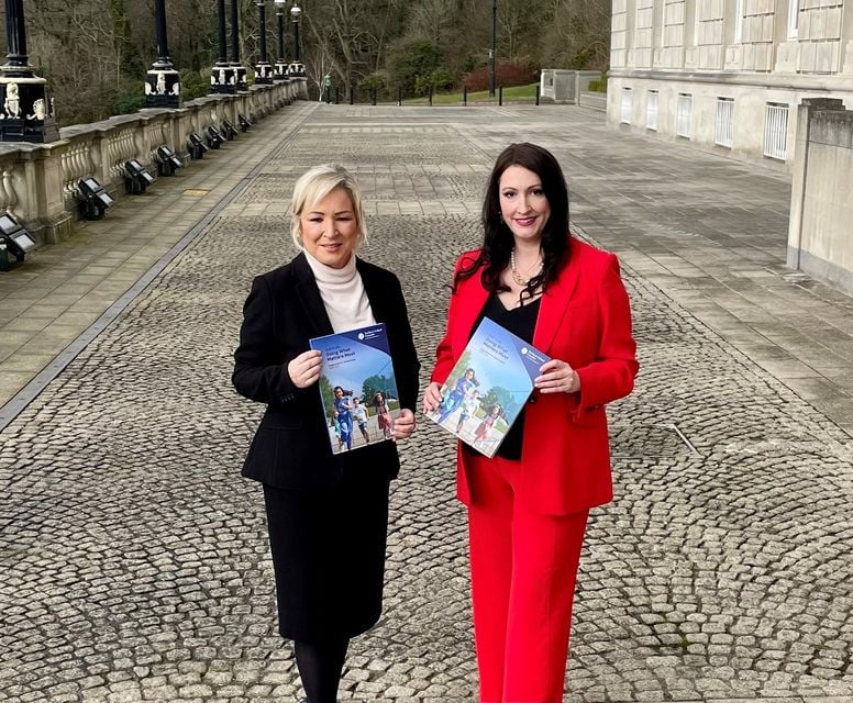 First Minister Michelle O’Neill (left) and deputy First Minister Emma Little-Pengelly (right) with the Stormont Executive’s Programme for Government on Monday (David Young/PA)