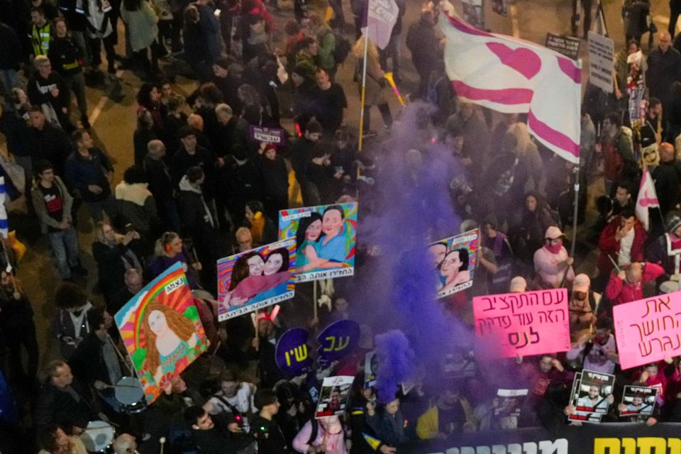 Israelis protest in Tel Aviv on Saturday against Prime Minister Benjamin Netanyahu’s government and call for the release of hostages held in the Gaza Strip by the Hamas militant group (Ariel Schalit/AP)