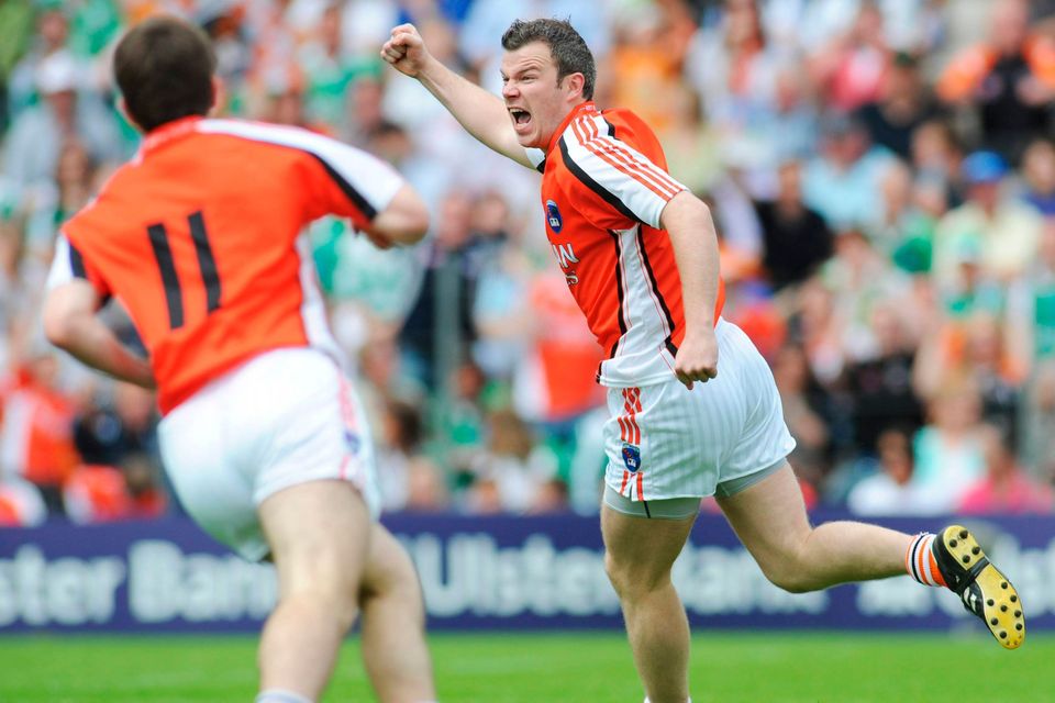 Ronan Clarke celebrates scoring his side’s second goal in the Ulster Final against Fermanagh in 2008