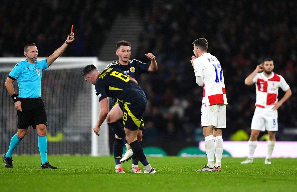 Croatia’s Petar Sucic, second right, is sent off (Andrew Milligan/PA)