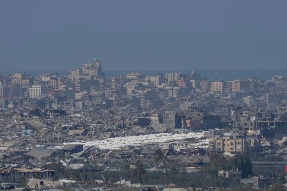 Tents are seen among the destroyed buildings in the Gaza Strip (Ohad Zwigenberg/AP)