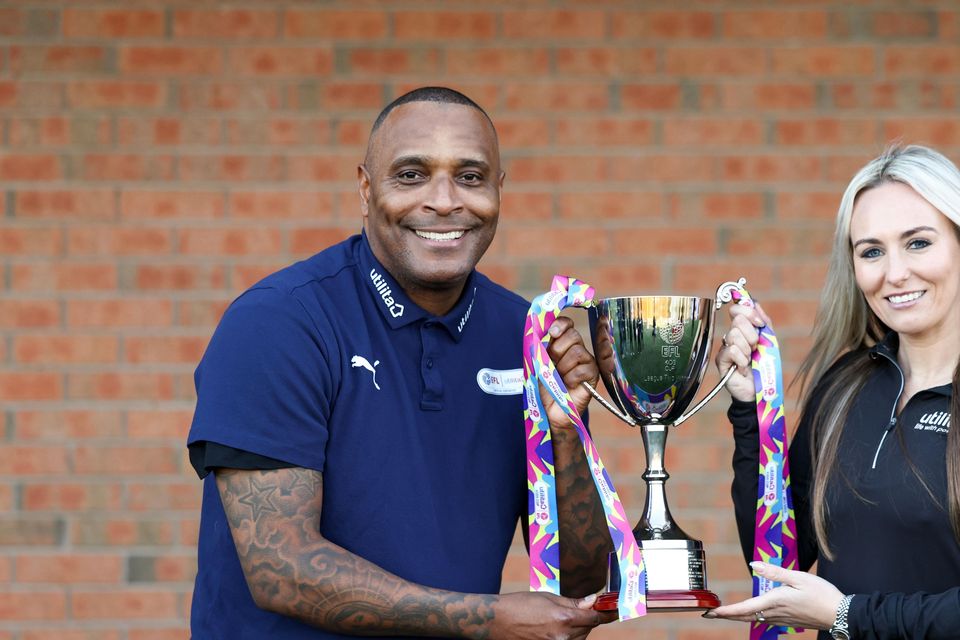 Toni Duggan, right, was at Walsall with Clinton Morrison, left, for the launch of the Utilita Kids and Girls Cup (Ryan Browne/Shutterstock)