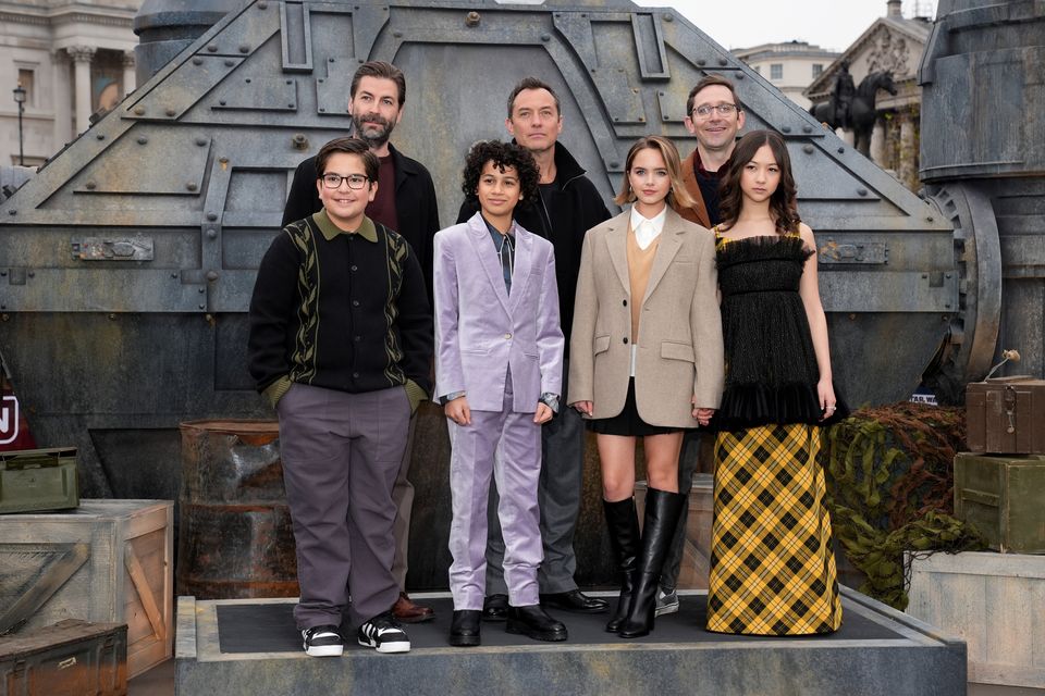 Jon Watts, Robert Timothy Smith, Jude Law, Ravi Cabot-Conyers, Ryan Kiera Armstrong, Christopher Ford and Kyriana Kratter at a photo call for Star Wars: Skeleton Crew (PA)