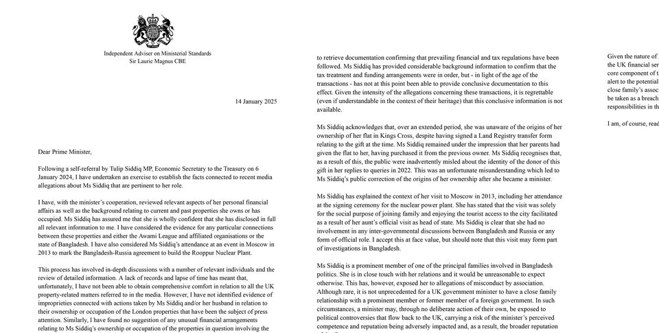 The letter by Sir Laurie Magnus to Prime Minister Sir Keir Starmer regarding Treasury minister Tulip Siddiq (Downing Street/PA)