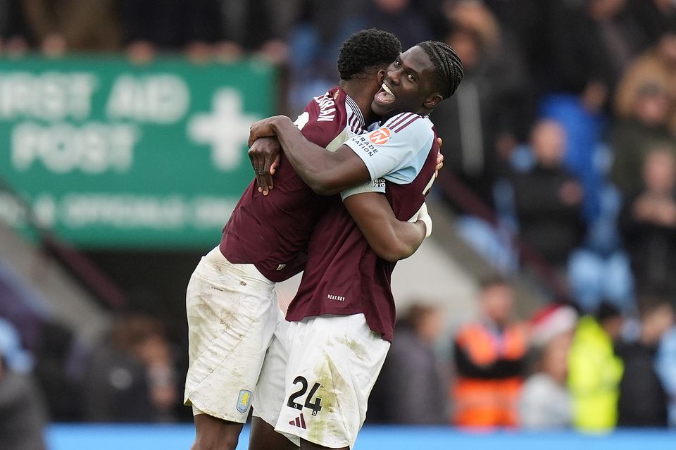 Aston Villa’s Amadou Onana (right) and Jhon Duran celebrate the victory (PA)